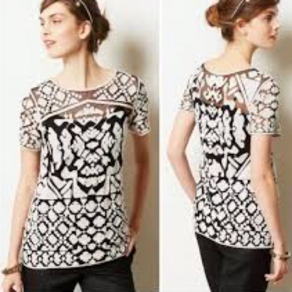 Anthropologie x Everleigh | Black/White Rococo Short Sleeve Embroidered top
